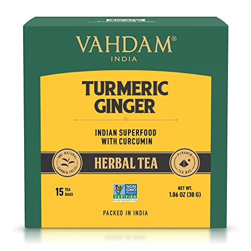 VAHDAM, Organic Turmeric Ginger Superfood Blend (15 Pyramid Tea Bag) 100% Natural Blend Turmeric Tea & Ginger Tea | Herbal Tea Bags, Brew it as Hot or Iced Tea