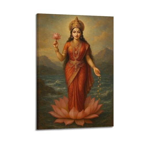 Peinture à l'huile déesse hindoue lotus poster toile décoration moderne 20x30 cm cadre
