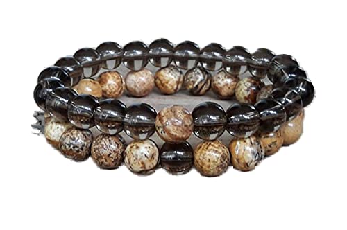 Bracelet couple longue distance en quartz fumé et jaspe 10mm