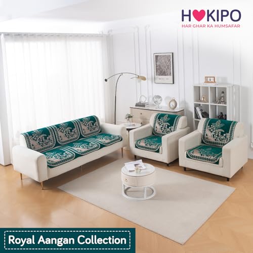 Image of HOKIPO Mehfil Teal Premium Chenille Jacquard Sofa Cover 5 Seater Set - Washable 3+1+1 Sofa Cover for Seat & Back | 'Royal Aangan Series' (IN-1008-L7*2 + IN-1006-L7*4)