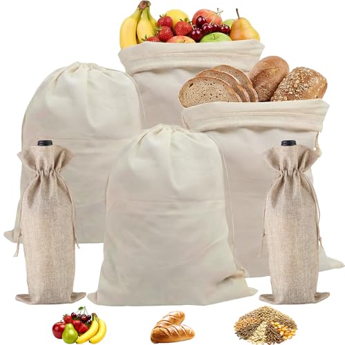 4 Piezas Bolsa pan tela, 2 Piezas Bolsas de vino, 30×40 cm Bolsa de pan, Bolsa de pan con cordón, Bolsa de lino reutilizable, Bolsas de pan lino, Bolsa para pan para Pan Casero, Baguettes, Verduras