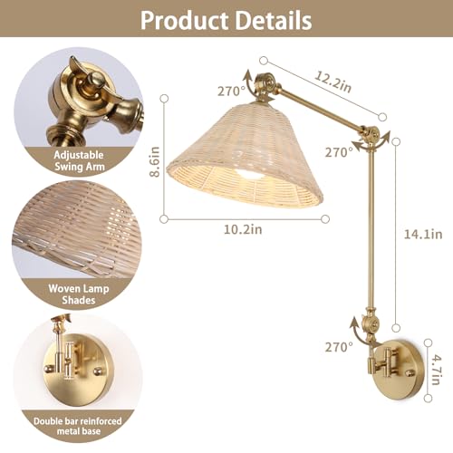 Image of Woven Hardwiring Wall Sconce Set of 2, Rattan Swing Arm Wall Lamp, Gold Vintage Bedside Light Fixture, Hand Woven Boho Sconces for Bedroom, Living Room.