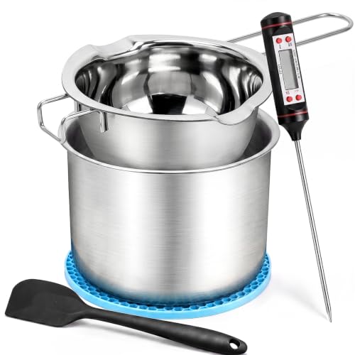 LumaCraft Double Boiler Pot for Melting Wax Stainless Steel Candle Making Kit with Silicone Spatula Thermometer & heat-resistant mat for Soap Chocolate DIY Crafts(1400ml+600ml)
