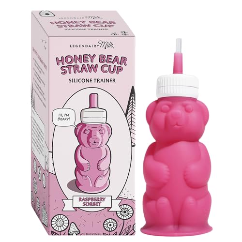 Image of Legendairy Milk Honey Bear Straw Cup Silicone for Babies (Pink), 8 oz. Dishwasher Safe, Food Grade Silicone, Honeybear Sippy Cup for Ages 4+ Months