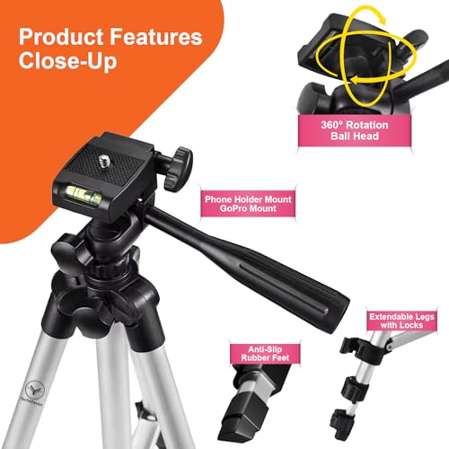 Image of Aluminium Tripod Stand 48cm-145cm | Lightweight with 360 Rotation | Phone Tripod for Mobile, DSLR, GoPro & Ring Light | Adjustable Travel Tripod with Carry Bag & Mobile Holder