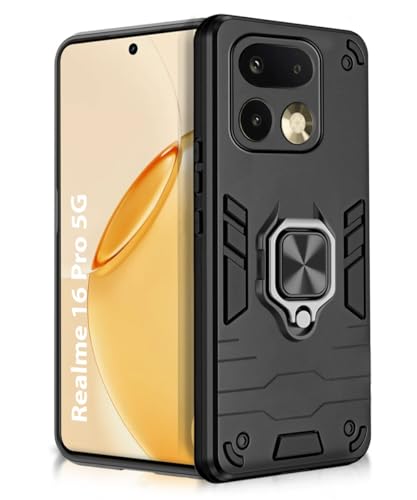 Image of WOW IMAGINE Shock Proof Back Case Mobile Cover for Realme 16 Pro 5G | Back Cover Case (Tough Armor | Hybrid PC + TPU | Ring Holder & in-Built Kickstand | Black)