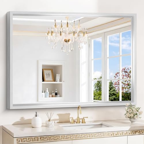 Image of Silver Bathroom Mirror, 48 x 36 Inch Rectangular Wall Mirror, 0.6 inch Thickened Deep Framed Mirrors for Bathroom Sink, Shatterproof Tempered Glass, Antirust, Horizontally or Vertically