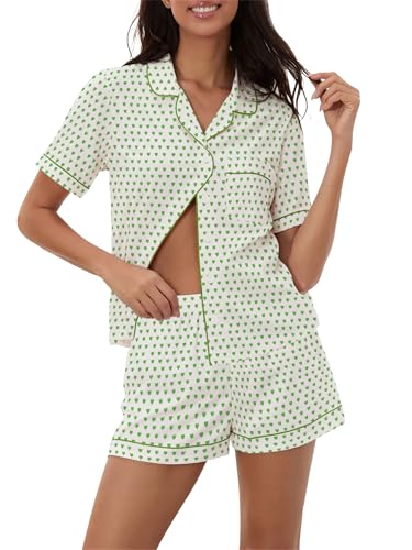 Image of Ammiko Womens Pajamas Set Y2k Loungewear Pajama Button Down Top and Shorts Monkey Beach Short Sleeve Sleepwear Preppy