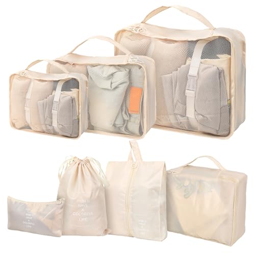 7 Pcs Compression Packing Cubes for Suitcases, Travel Packing Cubes, Lightweight Suitcase Organiser Bags, Luggage Bags for Travel Bag Organizers