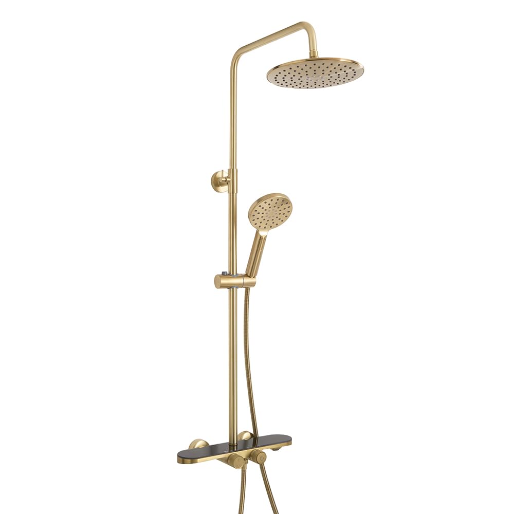 Milano Brushed Brass Elsie Round Thermostatic Bar Valve Shower Head Multifunction Handset Bath Spout - Brass