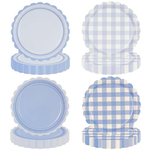 EVYIENEN Lot de 48 assiettes en carton vichy bleu - Bord ondulé - Jetables - Avec motif à carreaux - Décoratives - Pour fête prénatale, mariage et fêtes...