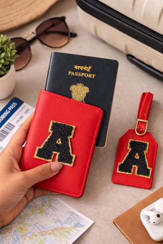 Image of Passport Cover & Bag Tag Combo | Personalized Initial Alphabet Custom A-Z Name Initial | Fits Standard Passports | Travel GiftIdeal Travel Gift for Women, Girls & Couples (Red)