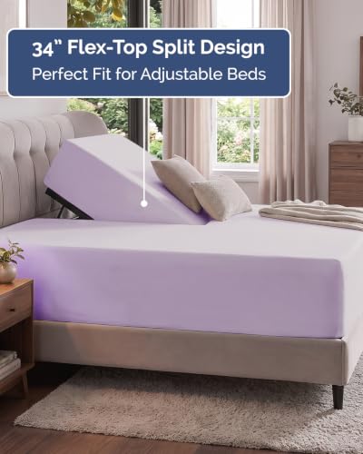 Image of Extra Deep Flex Top Split Head King Fitted Sheet - Hotel Luxury Single Fitted Sheet Only - Easily Fits 18 inch to 24 inch Mattress - Ultra Soft, Wrinkle Free w /Extra Deep Pockets - Light Lavender