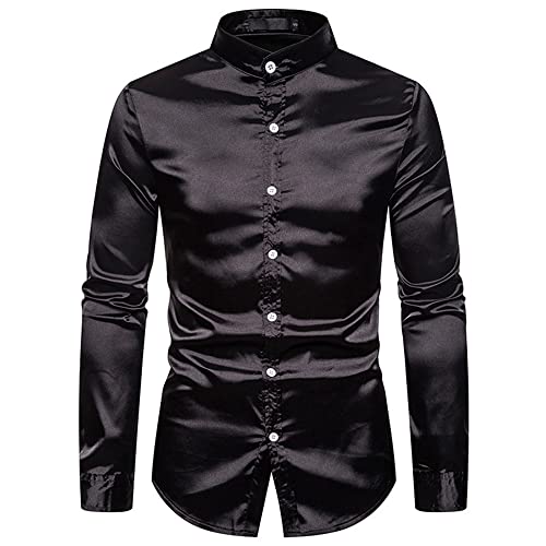 PRJN Camisas de satén Brillante para Hombre Camisas Informales de Manga Larga con Botones Disfraz de Discoteca de los años 70 Informales y Corte Entallado de Manga Larga Brillante con Cuello Henry