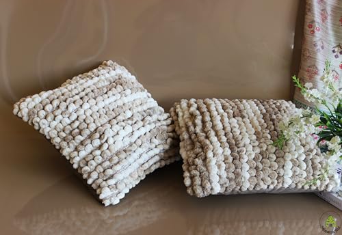 Image of Monstera Hut Boho POM POM Caramel Cushion Cover (Cushion Cover 16x16inch) (40.6 x 40.6 cm) - Combo (Pack of 2)
