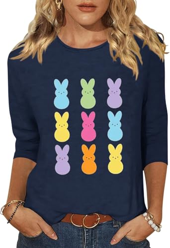 Easter Day 3/4 Sleeve Shirts for Women Cute Bunny Eggs Graphic Tee Colorful Spring Casual Blouses TopsL Navy-03