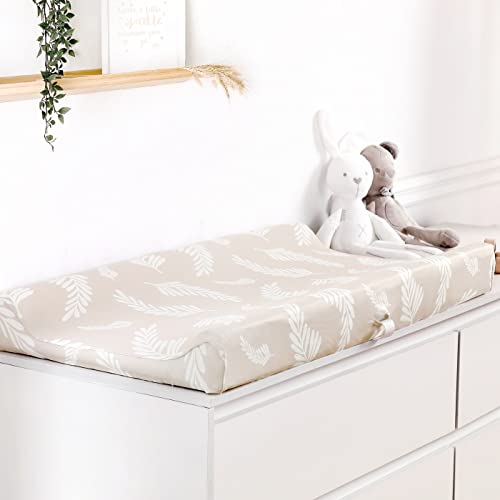 Image of GRSSDER Stretch Ultra Soft Jersey Knit Changing Pad Cover Set 2 Pack, Change Table Pad Covers Fit 32 inch /34 inch x 16 inch Pads Safe and Snug, Unisex Stylish Pretty Diaper Change Table Sheets for Baby, Beige