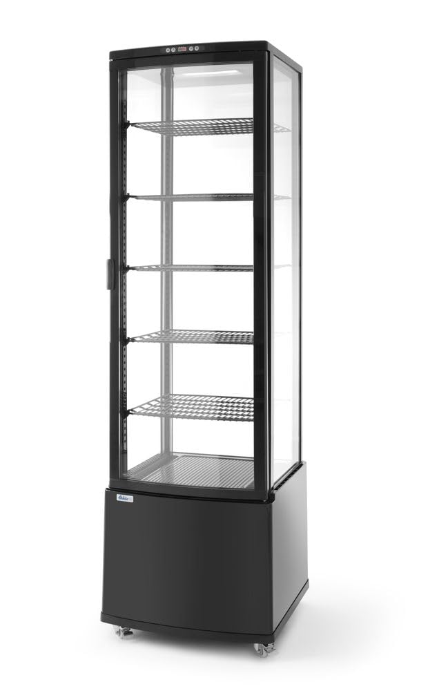 HENDI Vitrina expositora refrigerada, descongelación automática, sistema antivaho, 5 estantes regulables, iluminación LED, 270L, 0 a 6°C, 230V, 290W, 556x526x(H) 1913mm, ABS, negro