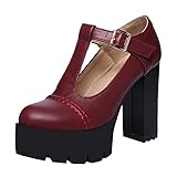 mary jane pumps blockabsatz MISSUIT Damen T Strap High Heels Plateau Mary Jane Pumps mit Blockabsatz und Riemchen Schuhe(Weinrot,38)
