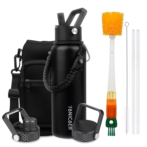 Image of Insulated Water Bottle 40oz,Triple Wall Vacuum Stainless Steel(Dishwasher Safe),Leak Proof & Non-BPA,Flask Jug with Paracord Handle & Straw Spout Lids Sports Black