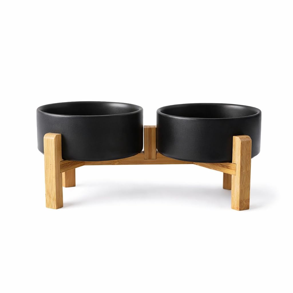 PWRco Elevated Cat Bowls SMALL 13cm 395ml– Raised Ceramic Puppy Cat Bowl with Non-Slip Bamboo Stand Single Twin Food Water Feeding Station Anti Vomit Dishwasher Safe Black (Twin/Black)