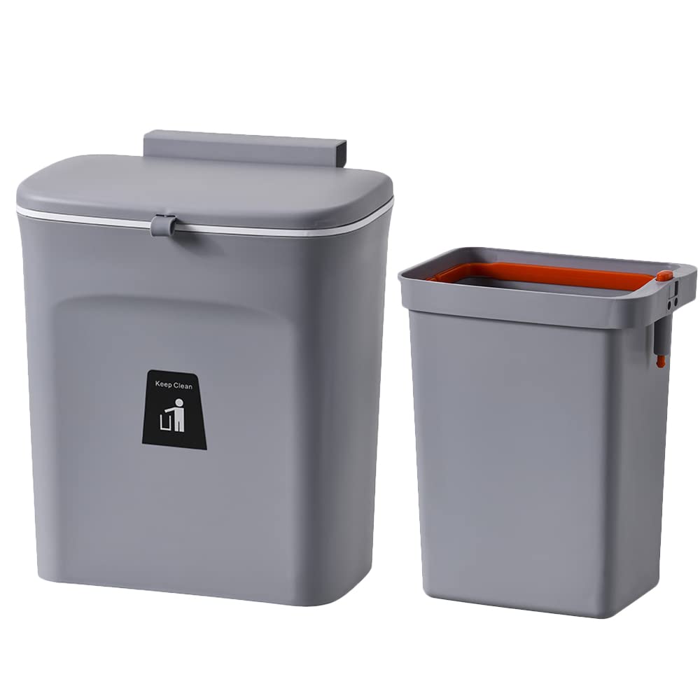 Kitchen Hanging Trash Can 9L With Built-In Trash Bin For Cleaning With Lid No Handle, Garbage Can Home Waste Bin Domestic Rubbish Bin Gray