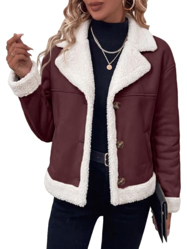 Mina Self Faux Suede Coats For Women Red Cropped Jacket | Sherpa Shearling Fleece Lined,Fur,Thick Fleece Fuzzy,Button Down,Work Office ,Soft Warm Winter Outerwear With Pockets