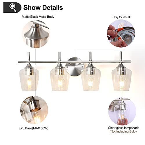 Image of foucasal Bathroom Light Fixtures 4-Light Brushed Nickel Bathroom Vanity Light with Clear Glass Shade, Modern Wall Lights for Bedroom Hallway Living Room (Nickel, 4-Light)