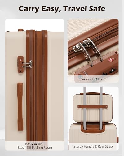 Image of Coolife Luggage Sets, 5 Piece Durable Suitcase, Lightweight Carry on Luggage with ABS Hardshell, Dual Spinner Wheels, TSA Lock and YKK Zipper (apricot white, 5 piece set)