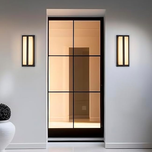 Maxxima LED Porch Lantern Outdoor Wall Light, Black with Vertical Bar & Frosted Lens, 1000 Lumens, 5 CCT 2700K/3000K/3500K/4000K/5000K, Modern Exterior Patio Sconce Lantern, Dimmable at 120V