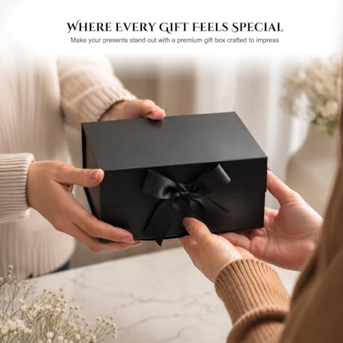 Image of Kura by Ekhasa Foldable Large Multipurpose Gift Hamper Box (21.5 x 21 x 9.5 cm) with Magnetic Closure & Ribbon | Black Rigid Cardboard Empty Reusable Packing Box | Birthday, Wedding & Festive Gifting