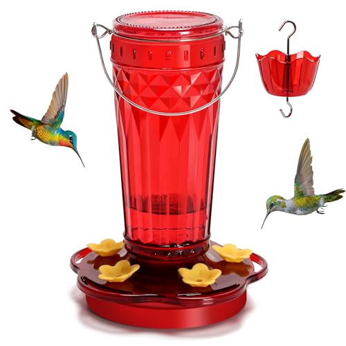 Zamelane Hummingbird Feeder-16 Ounces，6 Feeding Ports Glass Hummingbird feeders for Outdoors,Wide Mouth for Easy Filling/Cleaning，Hanging for Garden Backyard Decor, Includes Ant Moat (Red，1Pack)