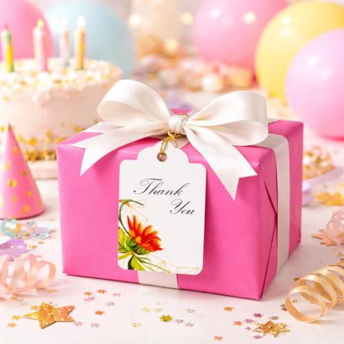 Image of CVANU Floral Thank You Gift Tags (Set of 100), Elegant Flower Design (D12) Hanging Tags with Gold String for Wedding Return Gifts & Small Business Packaging (2.85 x 1.7 Inch)