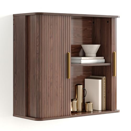 Furnivio Bathroom Wall Cabinet with Fluted Sliding Door, Medicine Cabinet with Adjustable Shelves, Over The Toilet Cabinet, Hanging Wall Mounted Cabinet for Laundry Room, Bookshelf, Living Room