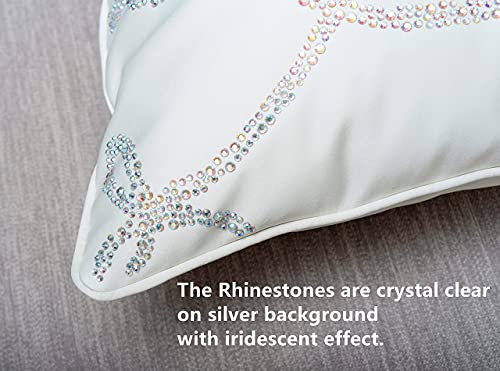 Melody Art Sparkly Throw Pillow Cover With Bling Off White Cream Ivory Satin Decorative 18X18 Embellished With Rhinestones Diamonds Crystals Jewels Glitter Shimmer Hidden Zipper Luxury Handmade #TOP6