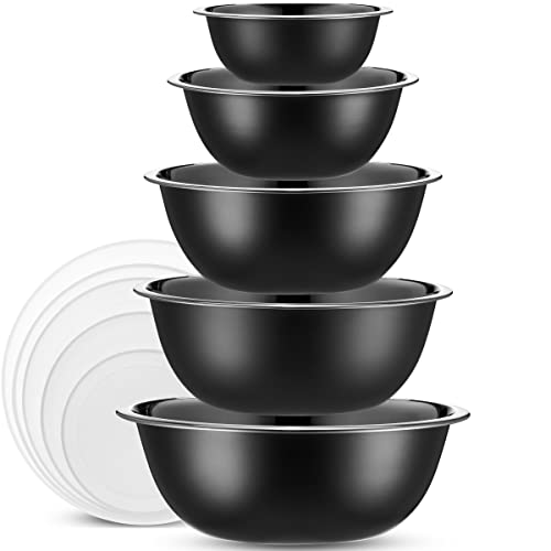 WHYSKO Stainless Steel Mixing Bowl Set, 10 Piece Stainless Steel Mixing Bowls with Lids Set for Food Prep Storage and Serving, Dishwasher Safe for Kitchen Baking Cooking, Black