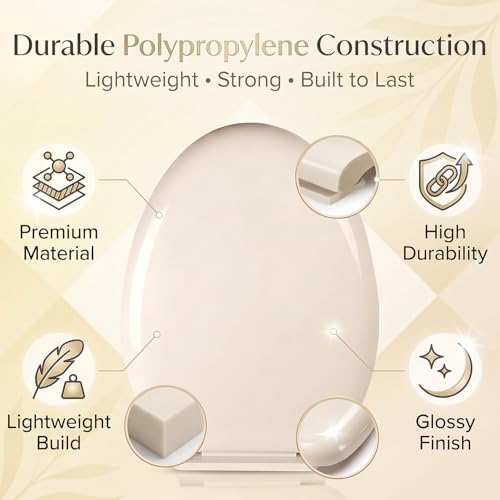 Image of ELEGANT CASA Polypropylene Soft Closing Western Toilet Seat Cover for Bathroom | Seat for Commode with Stable Hinges- Elongated Shape Design Colour Glossy Off White-Ivory-1 Set