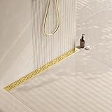 Neodrain 36-in Brushed Brass Rectangular Linear Shower Drain with Brick Pattern Grate, 304 Stainless Steel Bathroom Floor Drain, Gold Linear Drain with Hair Strainer,CUPC Certified