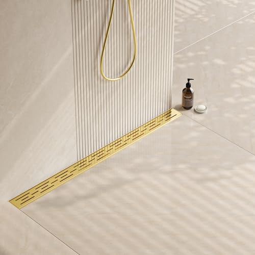Neodrain 36-in Brushed Brass Rectangular Linear Shower Drain with Brick Pattern Grate, 304 Stainless Steel Bathroom Floor Drain, Gold Linear Drain with Hair Strainer,CUPC Certified