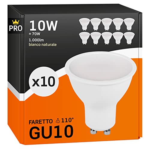 10x Lampadine LED GU10 10W Professionali Garanzia 5 anni Satinata Antiabbaglio (1000 lumen equivalenti a 70W) - Forma: Faretto - Luce Bianco Naturale 4000K - Fascio Luminoso 110°