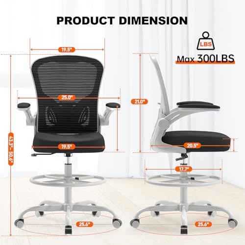Image of Synorla Ergonomic Drafting Chair, Tall Mesh Office Chair with Flip-up Armrests, Lumbar Support Adjustable Footrest Ring for Standing Desk Gray Pink
