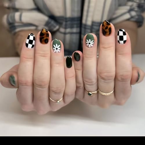 Spring Press on Nails Medium Oval Fake Nails Tortoiseshell False Nails Press ons with Flower Checkered Design Cute Reusable Artificial Nail Full Cover Stick on Nails for Women Manicure 24Pcs