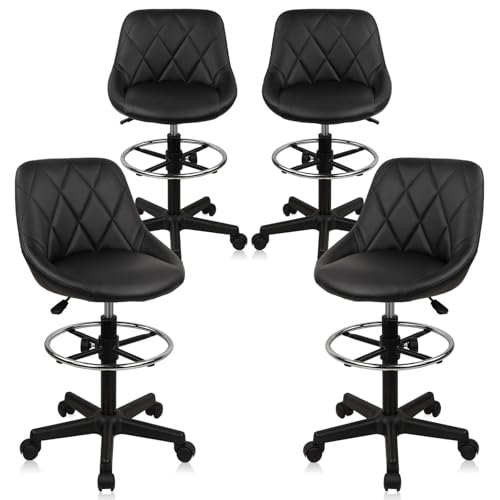 Image of KLASIKA Drafting Chair with Backrest and Wheels, Set of 4 Adjustable Footrest Height Rolling Stool, PU Leather Tall Swivel Chairs Work Shop Office Desk Stools for Home Work Shop Kitchen Bar