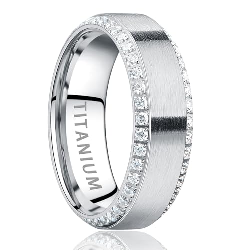 Mens Engagement Rings Silver Titanium Cubic Zirconia Eternity Ring 8mm Anniversary Wedding Band Simulated Diamond Inlay Comfort Fit Size 7-12