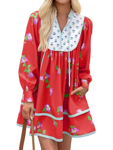 Image of Wenrine Womens Casual Floral Mini Dress Fall Long Sleeve V Neck Patchwork Loose Boho Shirt Dresses