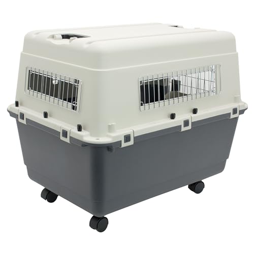 Image of SportPet Airline Compliant LARGE 31.5 inch Travel Dog Kennel-Durable Plastic Airline Pet Carrier w / Removable Wheels & Food Bowls, Collapsible Indoor /Outdoor Dog Kennel, Dogs up to 28 inchL & 20 inchH-Cream /Gray