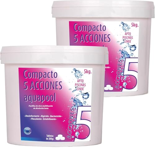 Pack Ahorro 2 uds Compacto 5 ACCIONES AQUAPOOL (200 GR) - Pastillas de Cloro multifunción - Disolución Lenta - Apto Piscinas Liner (2x5 KG)