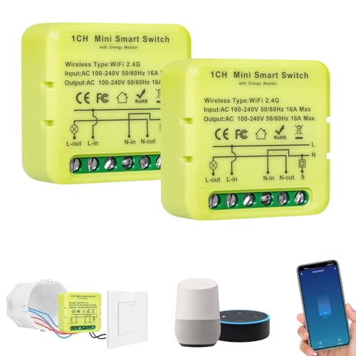 2 unità interruttore wifi smart life, MINI smart switch, interruttore intelligente, controllo APP/Vocale/Timer, Compatibile con Alexa, Google Home, Smart Life, Tuya, Filo di neutro richiesto