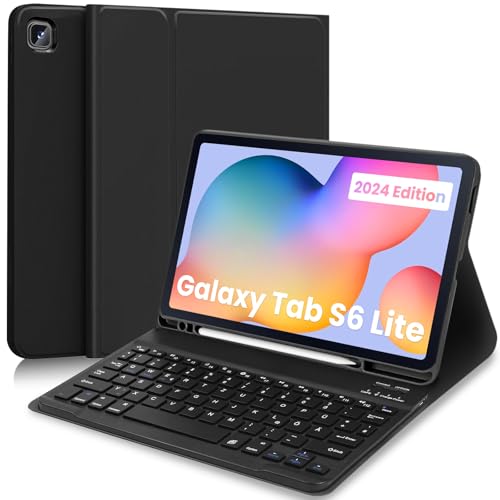 YUEJIDZ Hülle mit Tastatur für Samsung Galaxy Tab S6 Lite 2024 Schutzhülle mit Kabellos Abnehmbarer Tastatur (Deutsches QWERTZ) für Samsung Galaxy Tab S6 Lite 10.4 2024/2022/2020 Schwarz