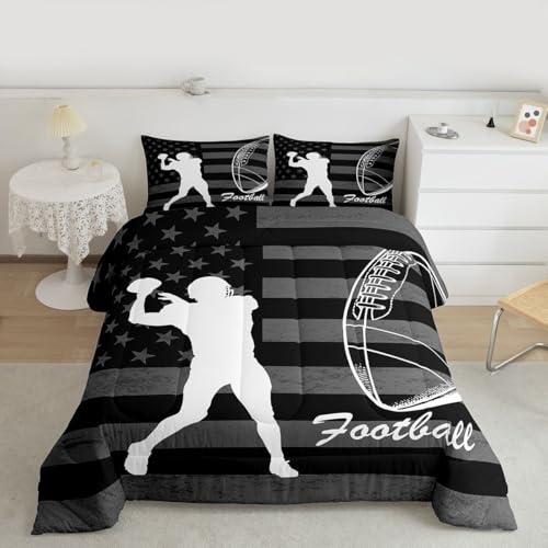 Image of Feelyou Football Player Comforter Set Full Size American Flag Bedding Set for Kids Boys Girls Rugby Gaming Sports Duvet Quilt Bedroom Decor Microfiber 3 Pcs with 2 Pillow Cases